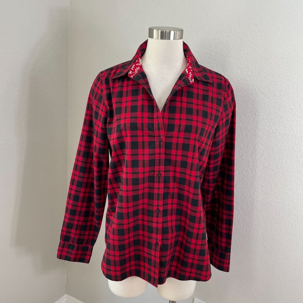 Chaps Womens Large Red Black Buffalo Plaid Button Up Shirt Long‎ Sleeve Blouse